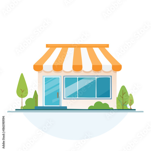 Cartoon shop front illustration with orange striped awning and green trees