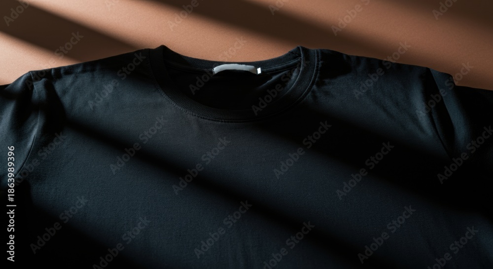 Fototapeta premium Black t-shirt laid flat with soft sunlight and diagonal shadow lines across fabric
