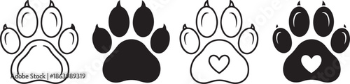 Heart with dog and cat pet footprint, vector paw print sign and symbol pet paw icon set design eps