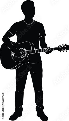 Guitar player silhouette standing and performing, male musician holding acoustic guitar, black vector illustration isolated on white for music, concert and entertainment design