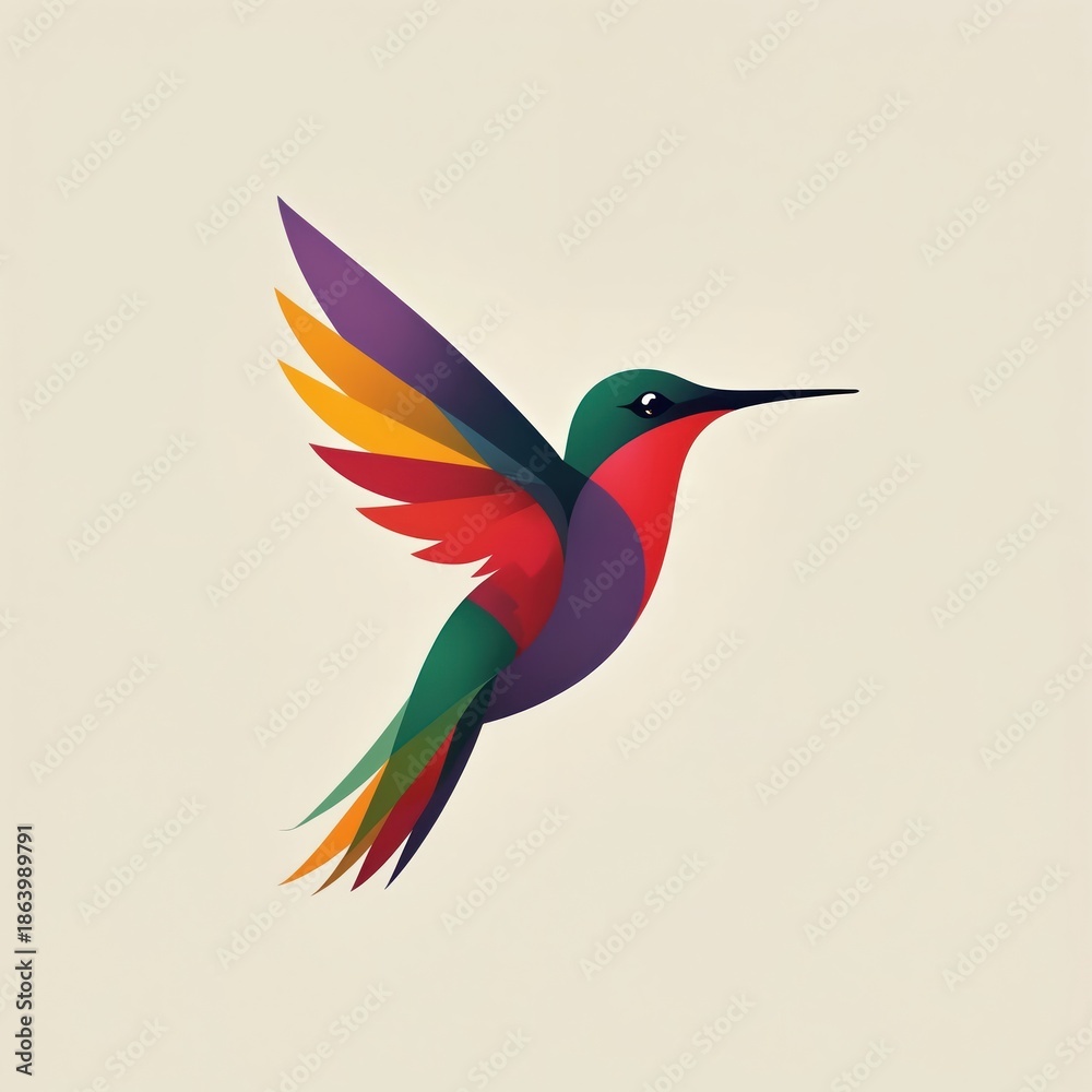 Fototapeta premium Abstract hummingbird with colorful wings in flight. Vibrant gradient design represents nature, freedom, and joy. Modern graphic element for creative projects.