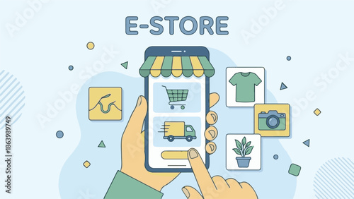 E-commerce mobile application concept with hand holding smartphone