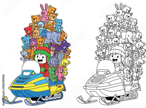 A cartoon youngster riding a snowmobile while carrying a massive pile of stuffed animals and teddy bears