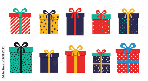 Set of ten colorful gift boxes wrapped with different patterns and tied with ribbons and bows for various celebrations.
