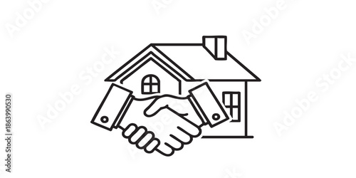 Handshake at house sale thin line icon, housing market concept. Vector graphics. Success deal with cottage building sign on white background, outline style icon for mobile or web design.