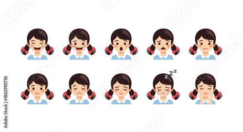 Collection of ten facial expressions on a young girl character showing various emotions like happiness sadness and sleepiness.