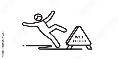 Man slips warning line icon, labor protection, worker safety concept. Vector graphics. Human with wet floor sign on white background, outline style icon for mobile or web desig