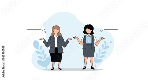 Businesswomen in smart suits standing together and shrugging their shoulders with open palms in a gesture of doubt, uncertainty, or confusion.