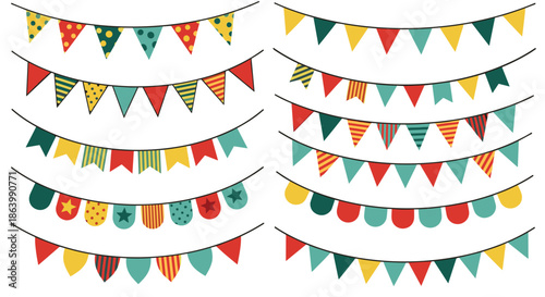 Set of various party bunting flags with colorful patterns for birthday celebrations festive events and anniversary parties.