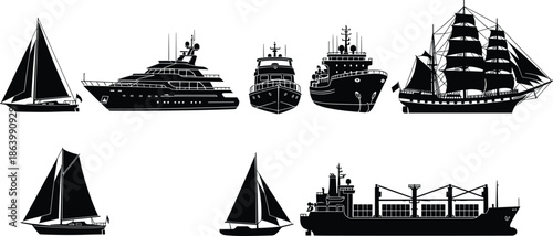 Ship and boat silhouettes collection, sailing yachts, cargo vessels and cruise ships, marine transportation set, black vector illustration isolated on white for nautical design