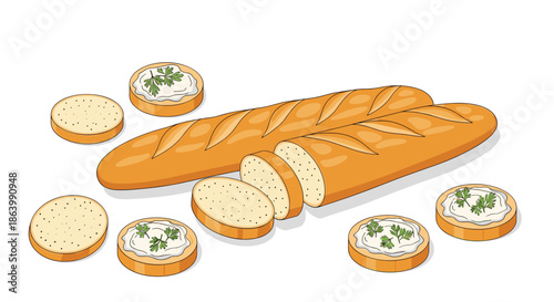 Two long French baguettes with several slices of bread topped with creamy white spread and fresh parsley garnish on a plain white background.