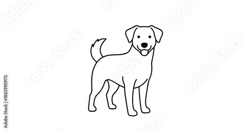 Minimalist black and white line drawing of a small standing dog with a happy expression and wagging tail, perfect for coloring or simple icons.