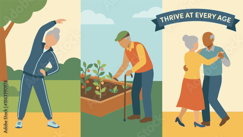 Active and healthy senior lifestyle with exercise, gardening, and dancing