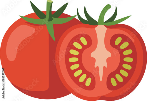 Whole and halved ripe red tomato with green stem vector image