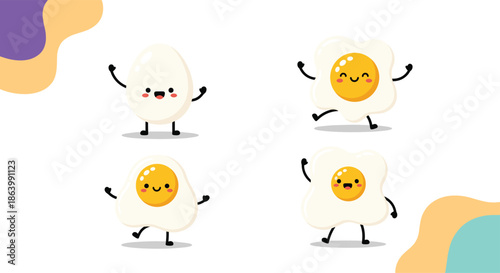 Group of cute fried and boiled egg characters with happy smiling faces dancing and waving in a fun breakfast food illustration.