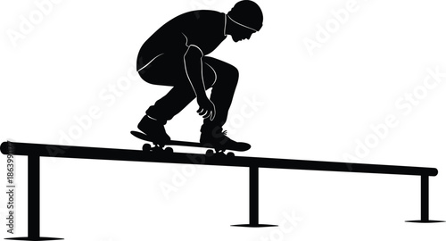 Skateboarder silhouette performing a boardslide trick on a metal handrail, extreme sports vector illustration of a skater grinding at a skate park, isolated.