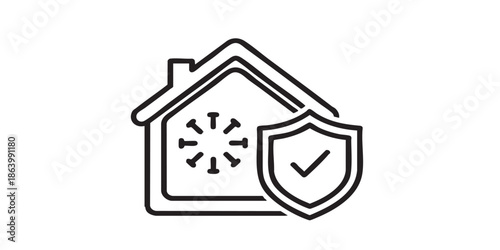 Home house with shield thin line icon,defense against viruses concept. Vector graphics. Checkmark emblem house sign on white background, outline style icon for mobile or web design