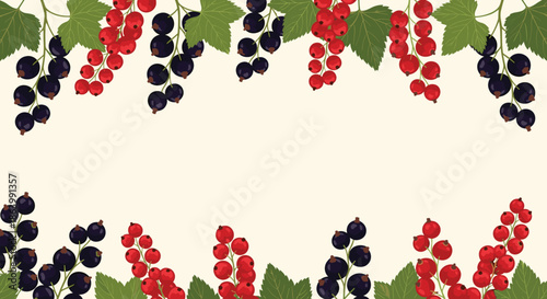 Decorative frame border made from clusters of red and black currants with green leaves on a light background, ideal for summer fruit graphics.