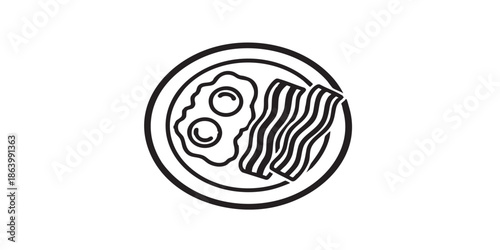 Scrambled eggs and fried bacon thin line icon, breakfast food concept. Vector graphics. Morning meal plate sign on white background, outline style icon for mobile or web design
