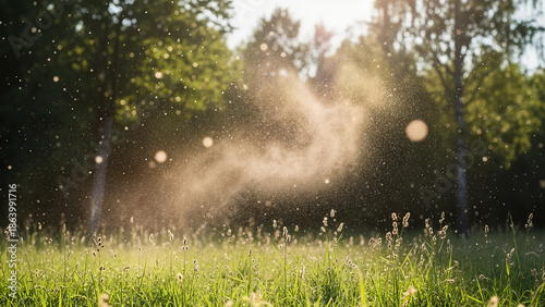 Sunlight illuminating an Airborne pollen cloud in a summer forest meadow causing hay fever.