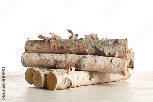 Birch logs on wooden table ...