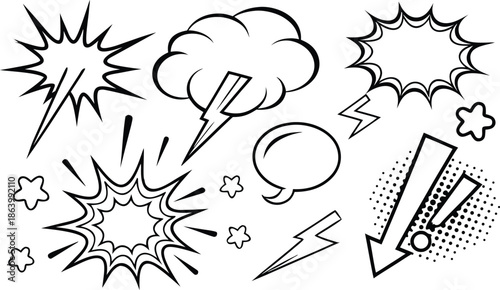 Set of comic effect shape with pop art style.  Comic surprise, attention and inspiration effect. Comic speech bubbles halftone dot background.
 vector illustration isolated