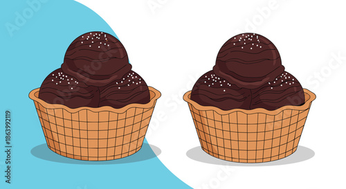 Two waffle bowls filled with delicious scoops of dark chocolate ice cream and colorful sprinkles on a stylized blue and white background.