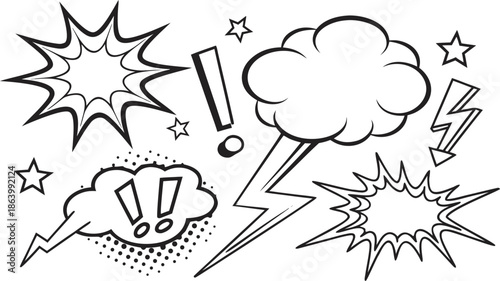 Set of comic effect shape with pop art style.  Comic surprise, attention and inspiration effect. Comic speech bubbles halftone dot background.
 vector illustration isolated