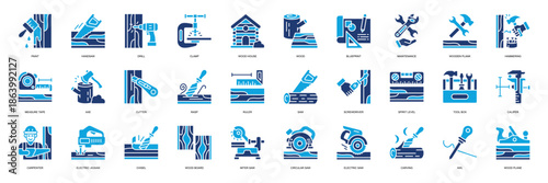 Carpenter Element icon collection Solid style. Containing Paint, Handsaw, Drill, Clamp, Wood House, Wood, Blueprint, Maintenance, Wooden Plank