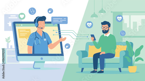 Telemedicine consultation with doctor and patient connecting virtually