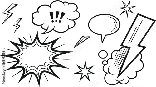 Set of comic effect shape with pop art style.  Comic surprise, attention and inspiration effect. Comic speech bubbles halftone dot background.
 vector illustration isolated