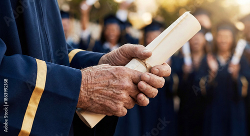 Close-up of wrinkled hands of elderly senior graduate holding paper diploma scroll at university ceremony representing lifelong learning