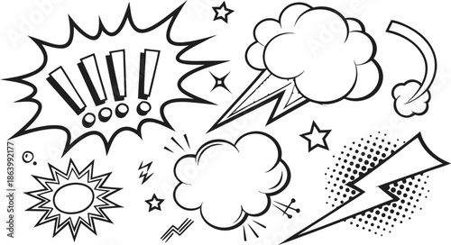Set of comic effect shape with pop art style.  Comic surprise, attention and inspiration effect. Comic speech bubbles halftone dot background.
 vector illustration isolated