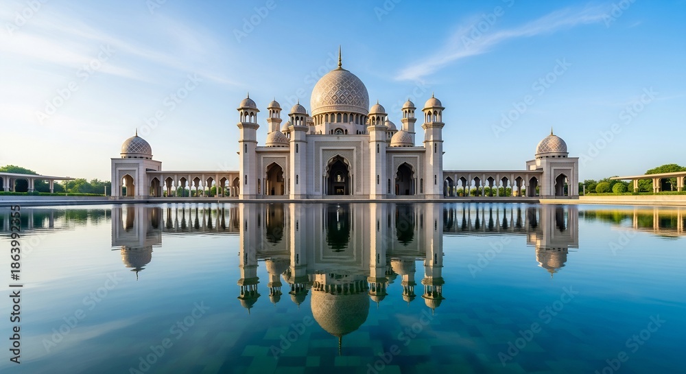 Fototapeta premium Majestic mosque with symmetrical architecture reflected in a serene water pool under blue sky.