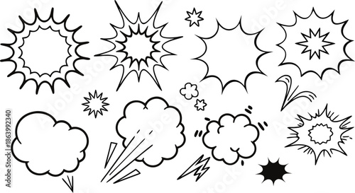 Set of comic effect shape with pop art style.  Comic surprise, attention and inspiration effect. Comic speech bubbles halftone dot background.
 vector illustration isolated