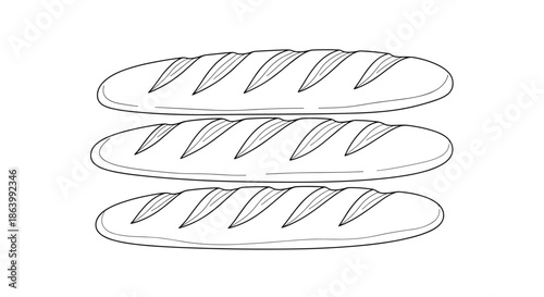 Set of three detailed black and white sketches of crusty French baguette loaves stacked vertically on a clean minimalist background.