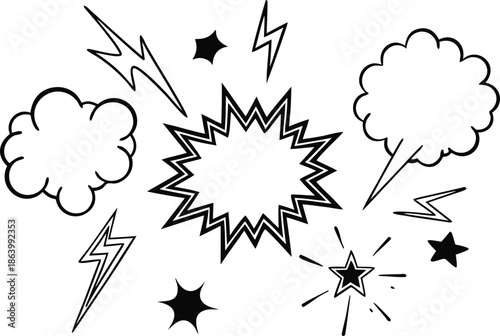 Set of comic effect shape with pop art style.  Comic surprise, attention and inspiration effect. Comic speech bubbles halftone dot background.
 vector illustration isolated