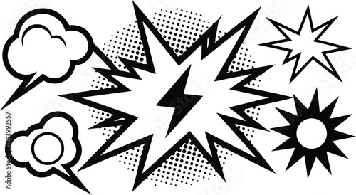 Set of comic effect shape with pop art style.  Comic surprise, attention and inspiration effect. Comic speech bubbles halftone dot background.
 vector illustration isolated
