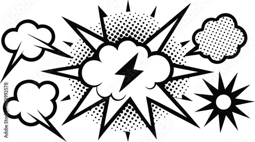 Set of comic effect shape with pop art style.  Comic surprise, attention and inspiration effect. Comic speech bubbles halftone dot background.
 vector illustration isolated