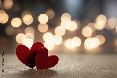 Two red hearts sit on a wooden surface with soft lighting in the background during a celebration of love and connection between people