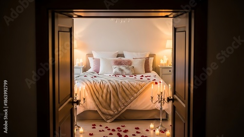 A romantic bedroom setup with candles and rose petals on the bed