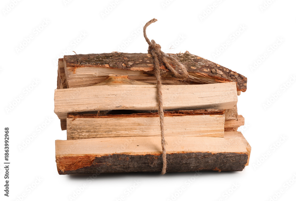 Fototapeta premium Stack of firewood logs tied with rope on white background