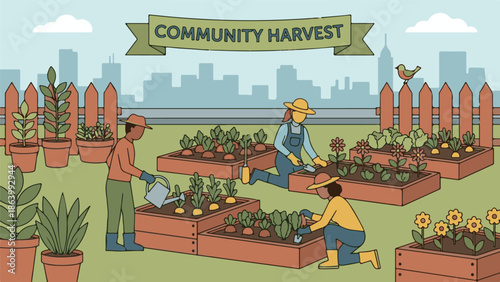 Diverse people gardening and harvesting fresh produce in a community garden