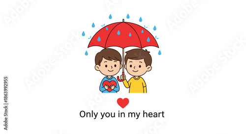 Heartwarming illustration of two young boys sharing a red umbrella during a rainstorm with a romantic message and red heart symbols.