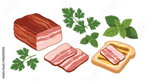 Large fresh bacon slab and slices served with green herb sprigs and a tasty open-faced sandwich with mustard spread on bread.