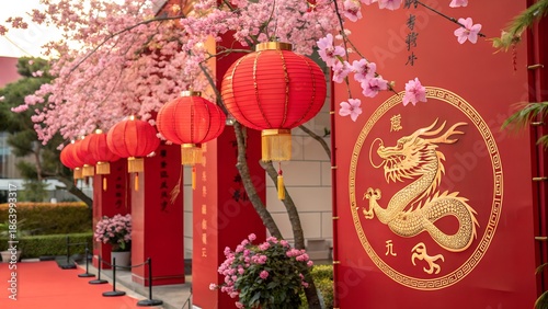 Vibrant red lanterns and cherry blossoms adorn a festive scene celebrating the Lunar New Year.