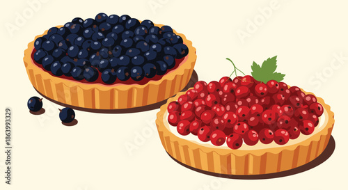 Pair of delicious fruit tarts filled with sweet dark blueberries and bright red currants in golden flaky shortcrust pastry shells.