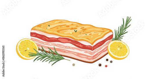 Large traditional salted meat slab garnished with fresh rosemary sprigs, bright lemon halves, and scattered peppercorns.