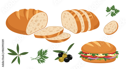 Large collection of fresh bakery items including crusty bread loaves, sliced bread, a sub sandwich, and various mediterranean garnishes.