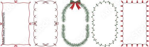 Set of festive Christmas decorative borders and frames featuring pine wreath with red bow and holiday lights for winter greeting cards isolated on transparent background.